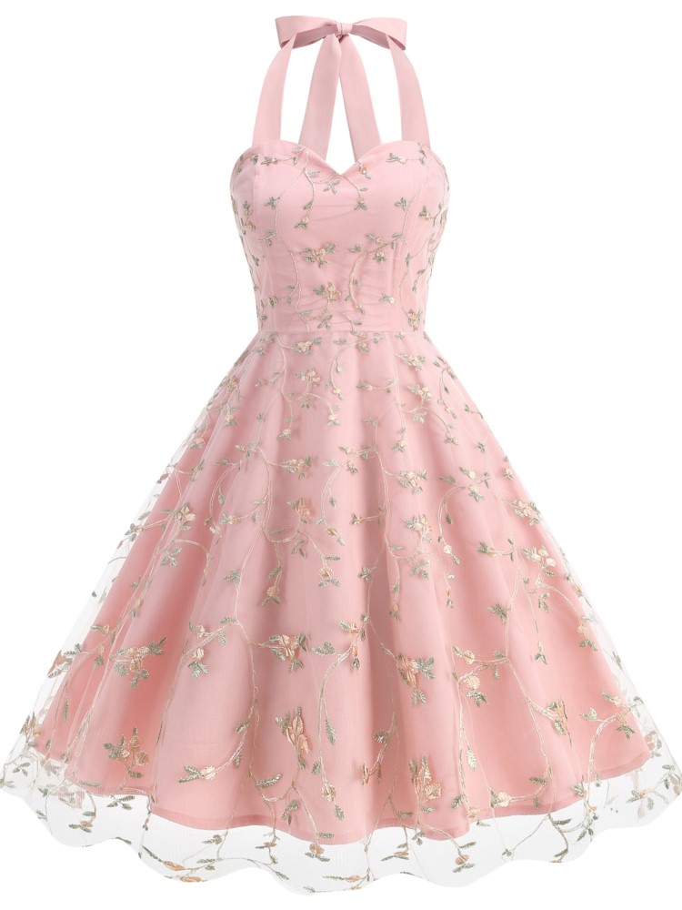 Robe mi-longue en maille brodée à imprimé Floral, mode d'été élégante, col licou, robes de soirée d'anniversaire à lacets