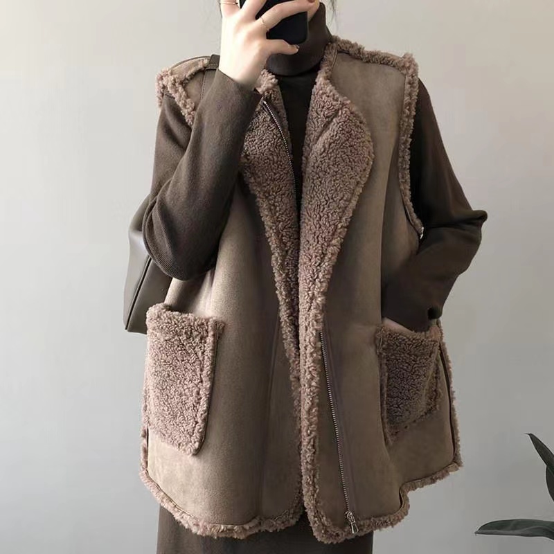 Veste en émail en laine d'agneau pour femme, manteau en fibre de fourrure de cerf, vestes zippées décontractées pour femme, port double face, coréen, automne, hiver