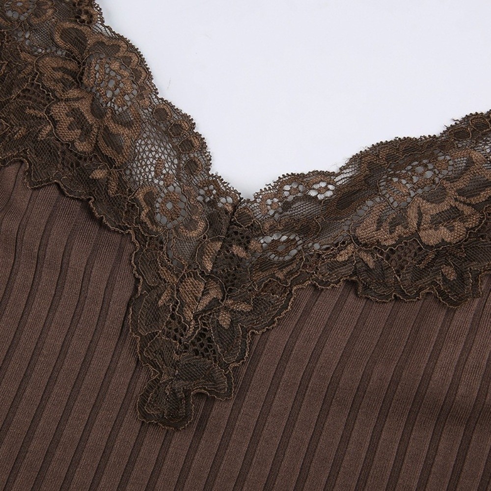 Débardeur en dentelle sans manches pour femme, col en V, sexy, basique, camisole tricotée à fines bretelles, pour filles