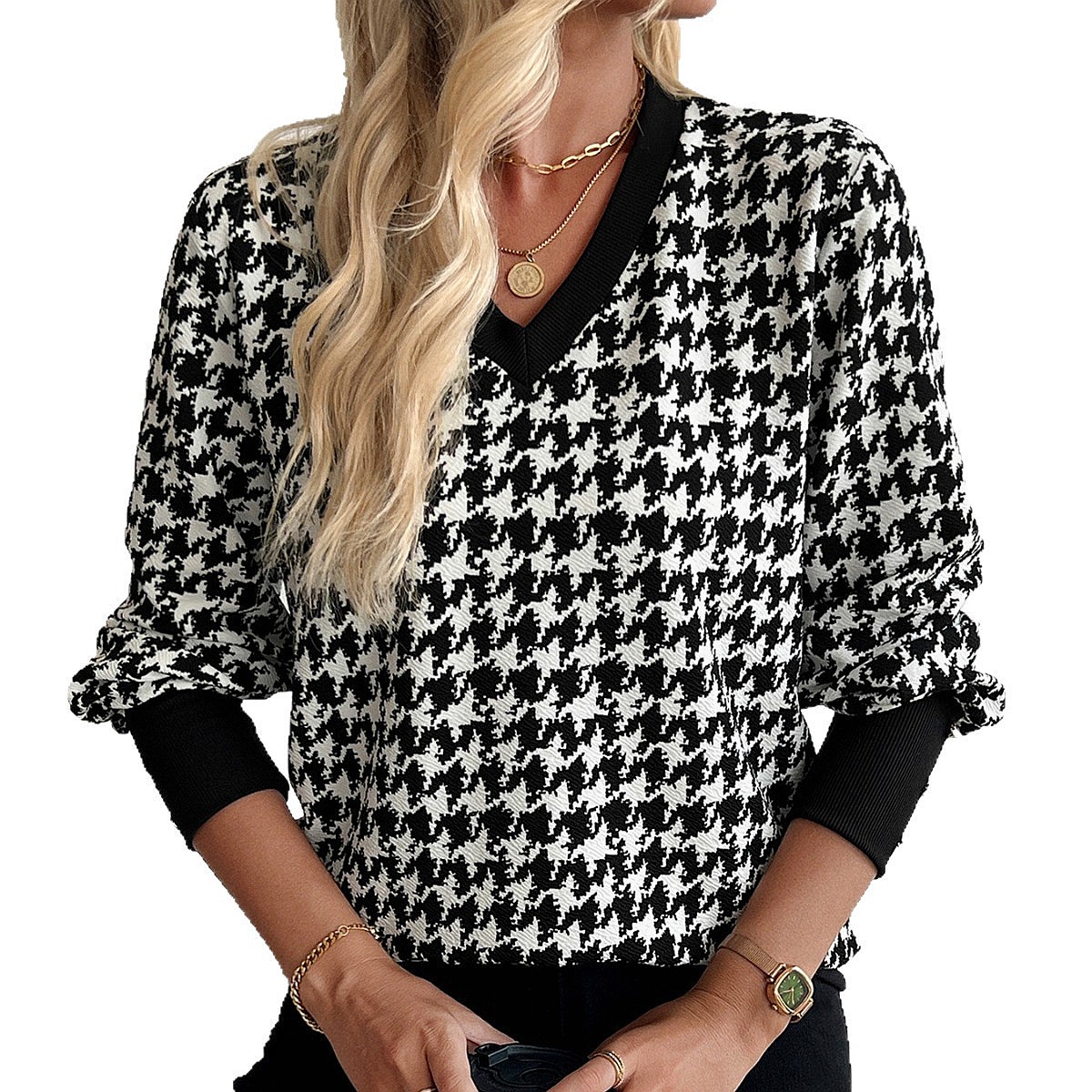 Tops imprimés élégants pour femmes, col en V, manches longues, chemisier, tops printemps-été, t-shirts