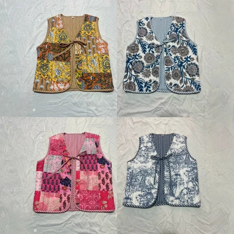 Gilet matelassé sans manches pour femme, style ethnique, imprimé floral patchwork, avec laçage à la taille, coupe courte chic 2024