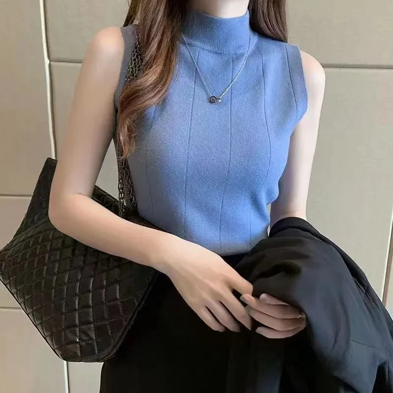 FANAN mode coréenne couleur unie tunique dames bureau tout-match doux hauts femmes col rond sans manches tricoté tempérament mince gilet