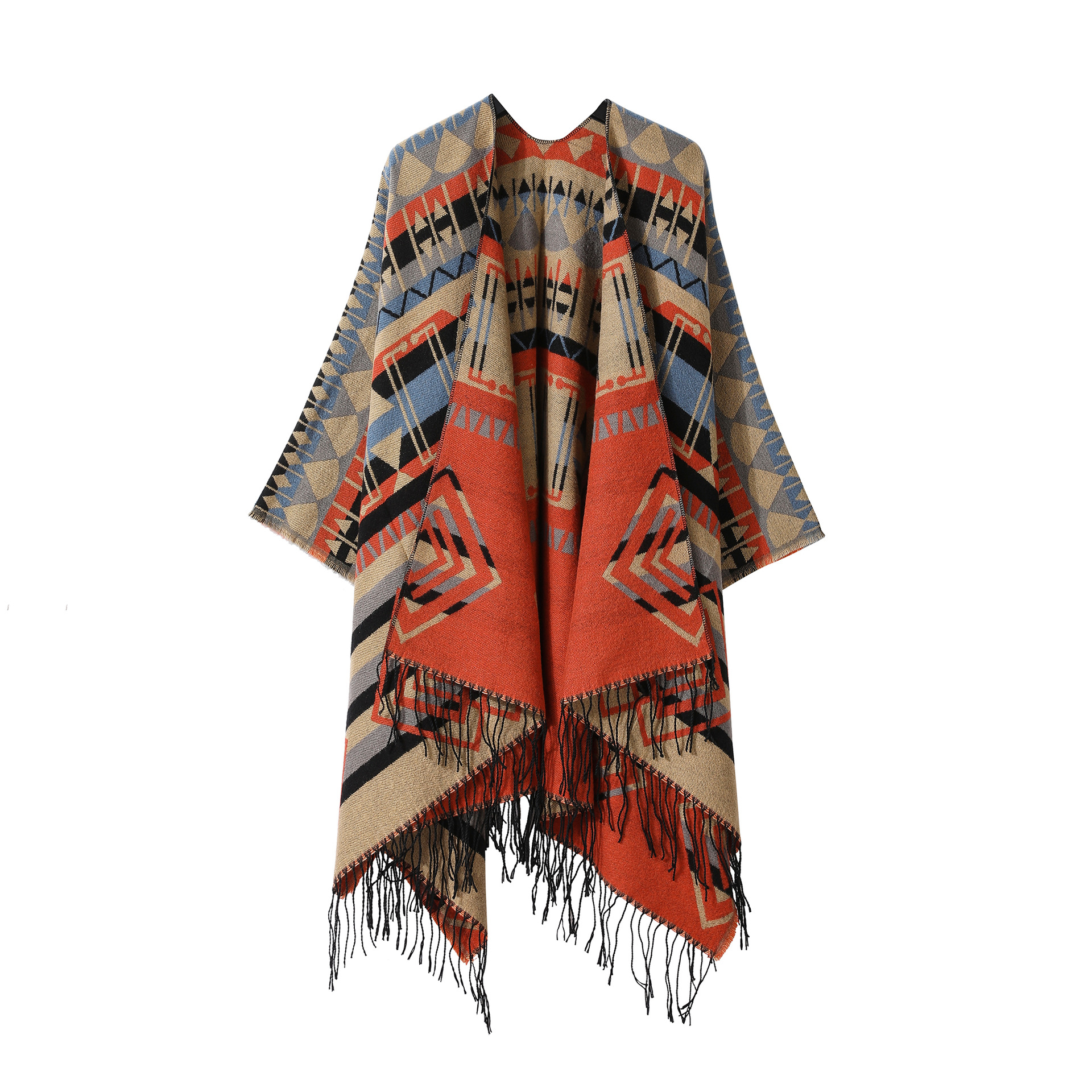 Écharpe de style ethnique vintage pour femme, poncho fendu, châle chaud, cape à pampilles en cachemire, manteau chaud Everak, nouveau