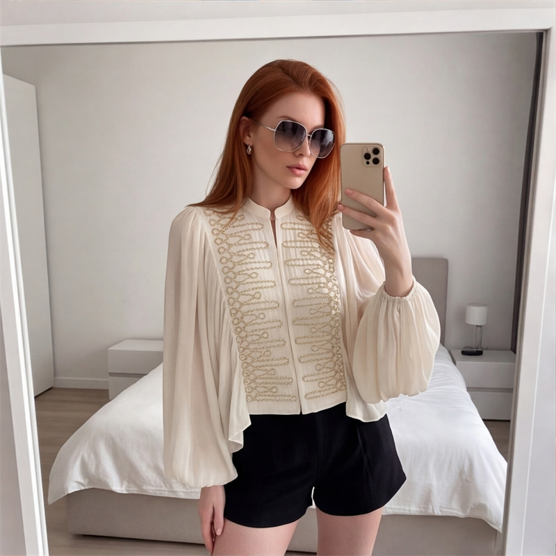 Chemise pour femmes, nouvelle collection automne, style classique et élégant, beige, manches longues avec décoration de nœud, manches bouffantes, style romantique français, légère.