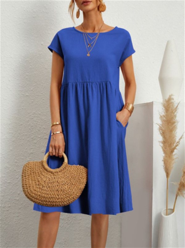 Robe en coton et lin pour femmes, tenue d'été décontractée avec poches d'épissure, vêtements féminins à la mode, manches courtes, ample, mi-longue