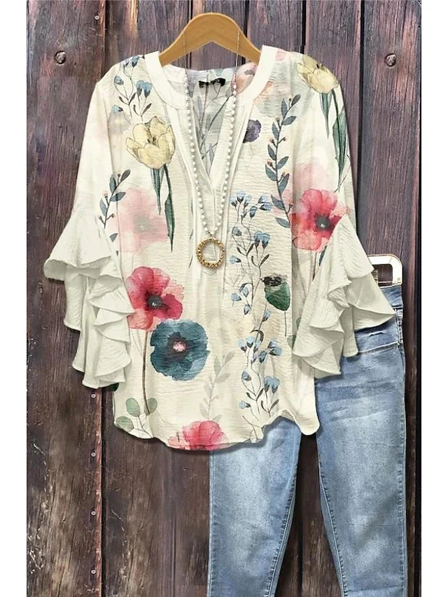 Chemise bohème à fleurs pour femmes, manches à volants, coupe ample décontractée, tissu doux, chemise élégante pour les vacances