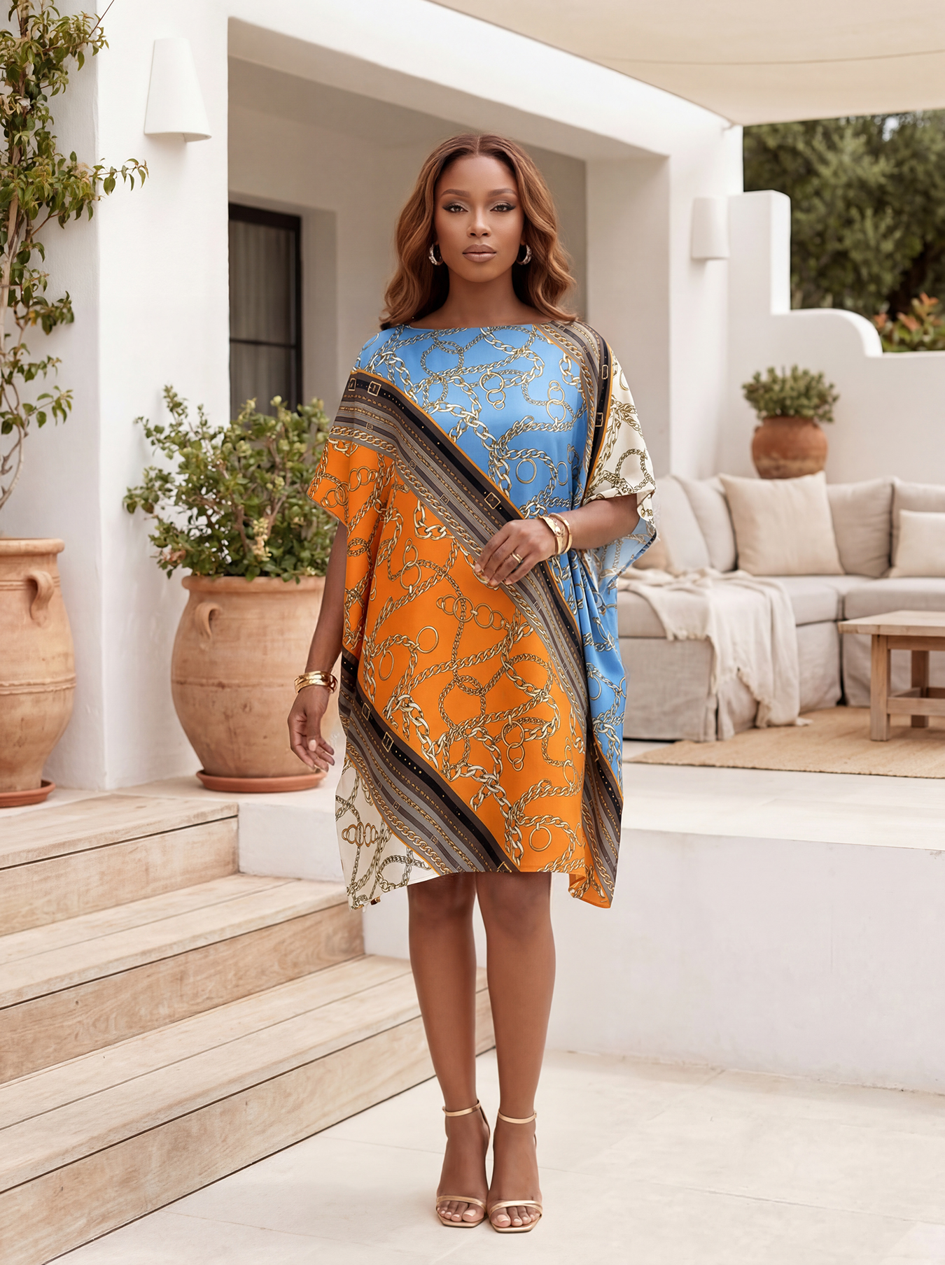 Robe Kaftan Africaine d'Été - Tunique Midi Ample Élégante à Col Bateau et Manches Chauve-Souris, Abaya Femme Tendance Transfrontalière