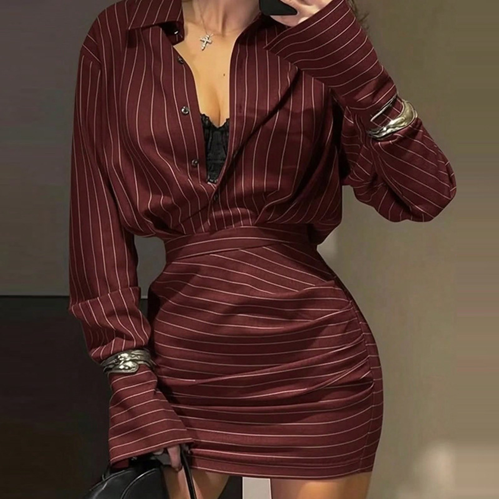 Ensemble chemise et jupe rayée élégante pour femmes, chemisier à simple boutonnage slim, jupe courte à la hanche, tenue chic décontractée de bureau pour le printemps et l'automne