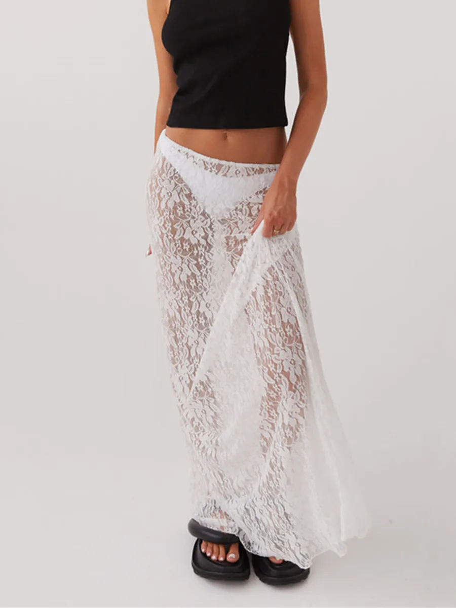 Jupe Maxi en dentelle transparente pour femmes, taille élastique, transparente, moulante, longue, pour fête, Club, Streetwear, fée Y2K, été