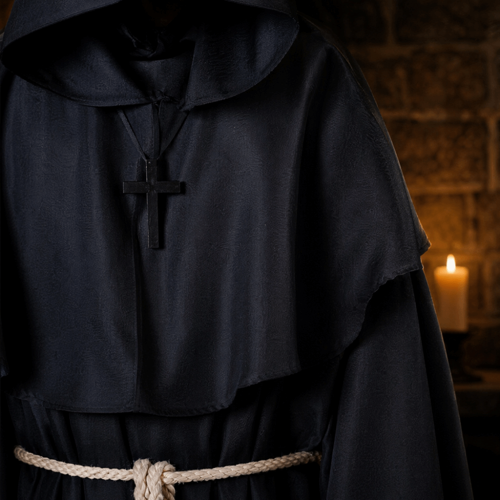 Robe de moine médiévale à capuche, ornée d'une croix rétro, cape à capuche, costume de sorcier/prêtre avec cordon de taille, costume de cosplay d'Halloween