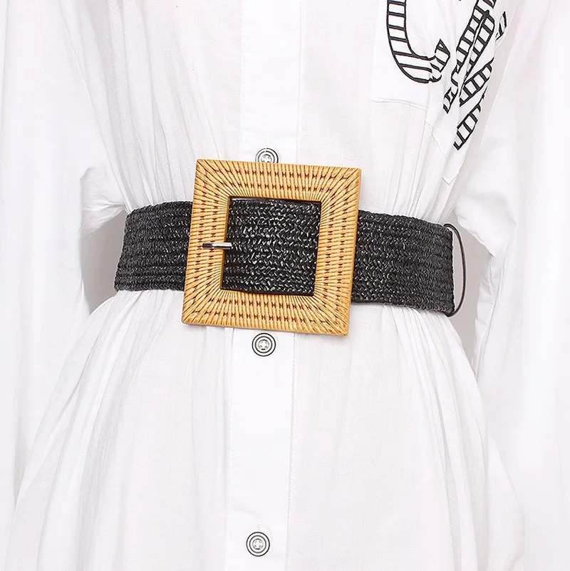 Femmes plage bohême ceinture élastique ceinture boucle carrée tressé robe d'été femmes mode coréenne sangle