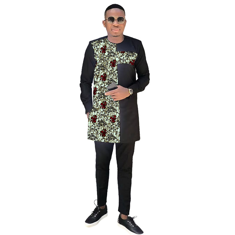 Ensemble noir de Couture africaine pour hommes, hauts en Patchwork avec pantalon, mode nigériane, Design Original, vêtements de fête, costume de marié