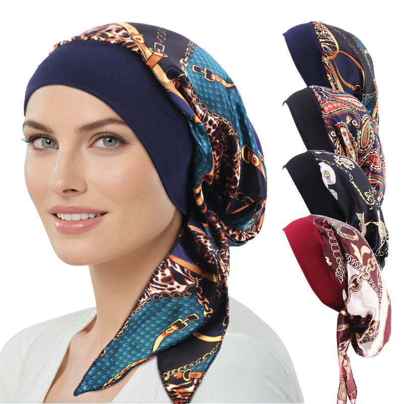 Turban imprimé en Satin pour femmes musulmanes, bandeau élastique, couvre-chef extensible, bonnet de chimiothérapie, intérieur, Turban, nouvelle collection