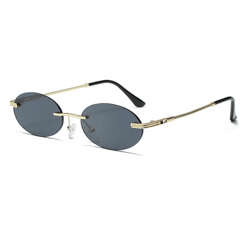 Lunettes de soleil ovales à la mode, petites nuances sans bords, marque de luxe de styliste pour femmes et hommes, lunettes de soleil en métal bleu, haute qualité, UV400