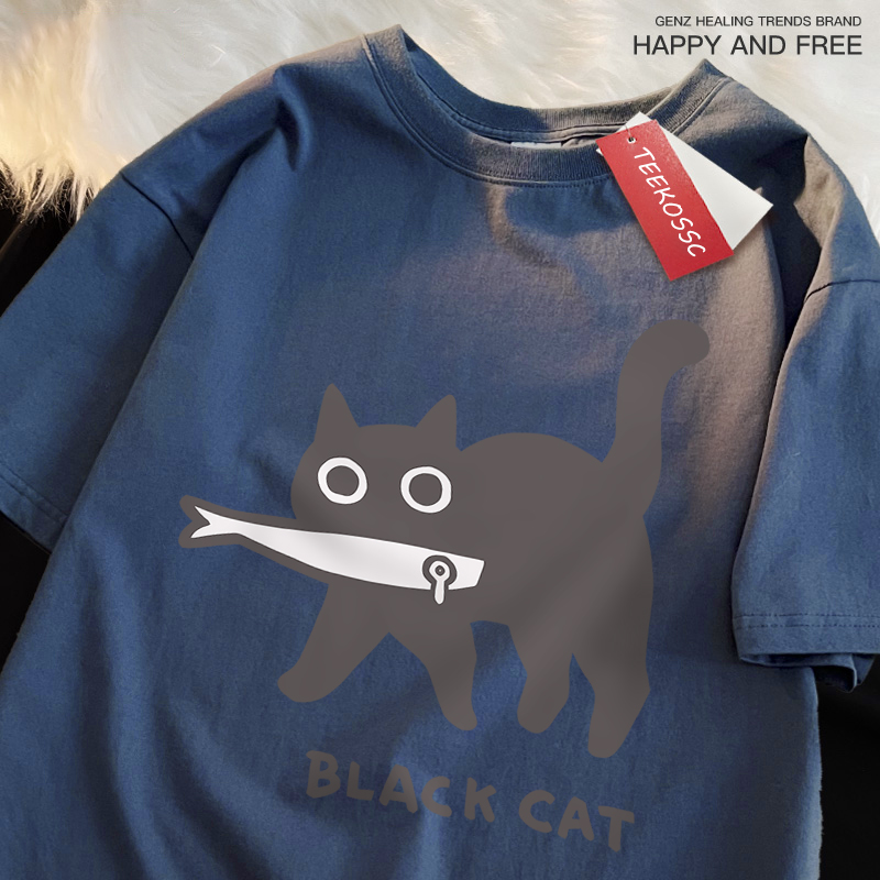 Amusant un chat noir mangeant du poisson Style japonais hommes femmes T-Shirt mode impression T-Shirt respirant surdimensionné T-Shirts vêtements en coton