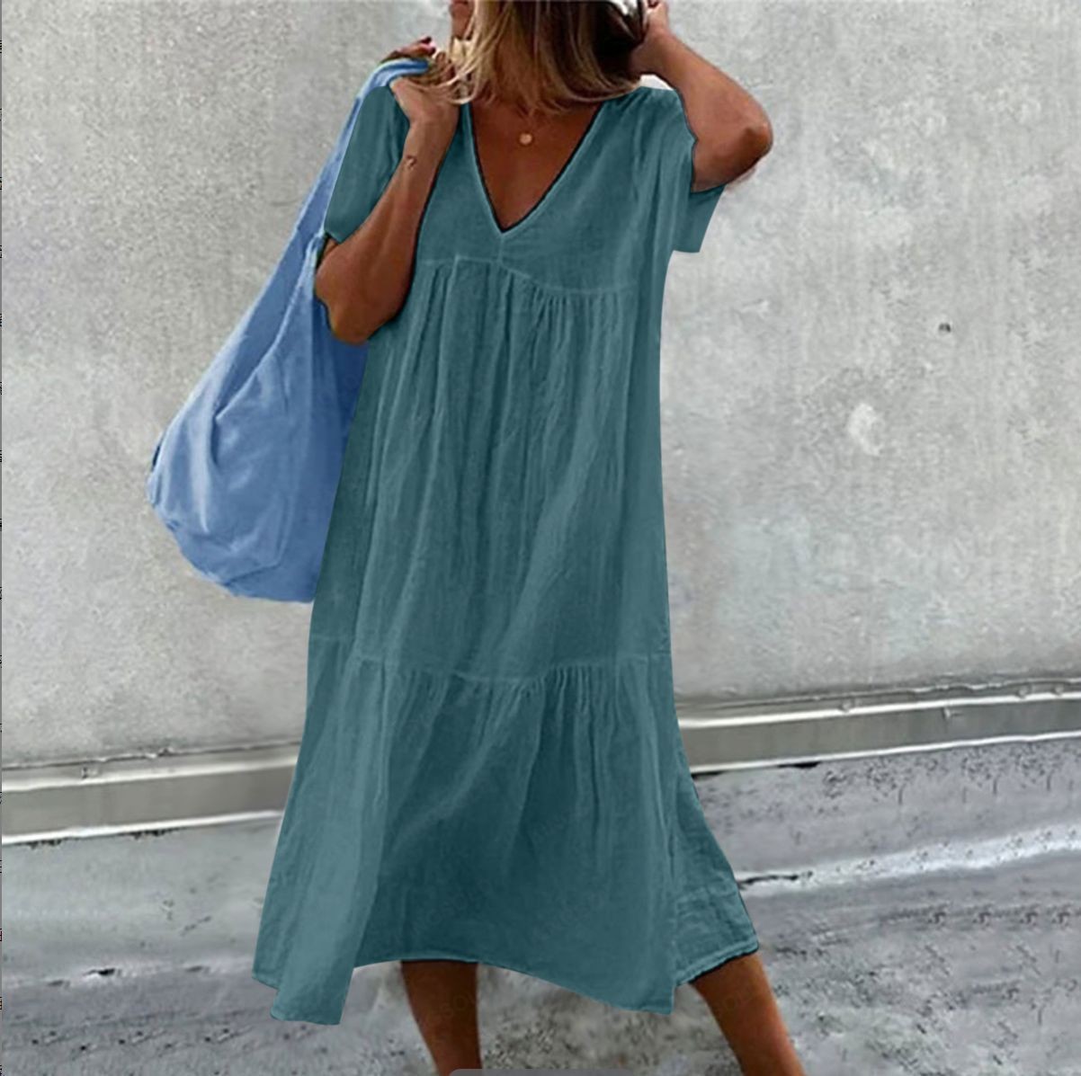 Robe mi-longue en coton et lin pour femmes, couleur unie, mode décontractée, col en v, manches courtes, ample, Style Simple, pour les déplacements, 2025