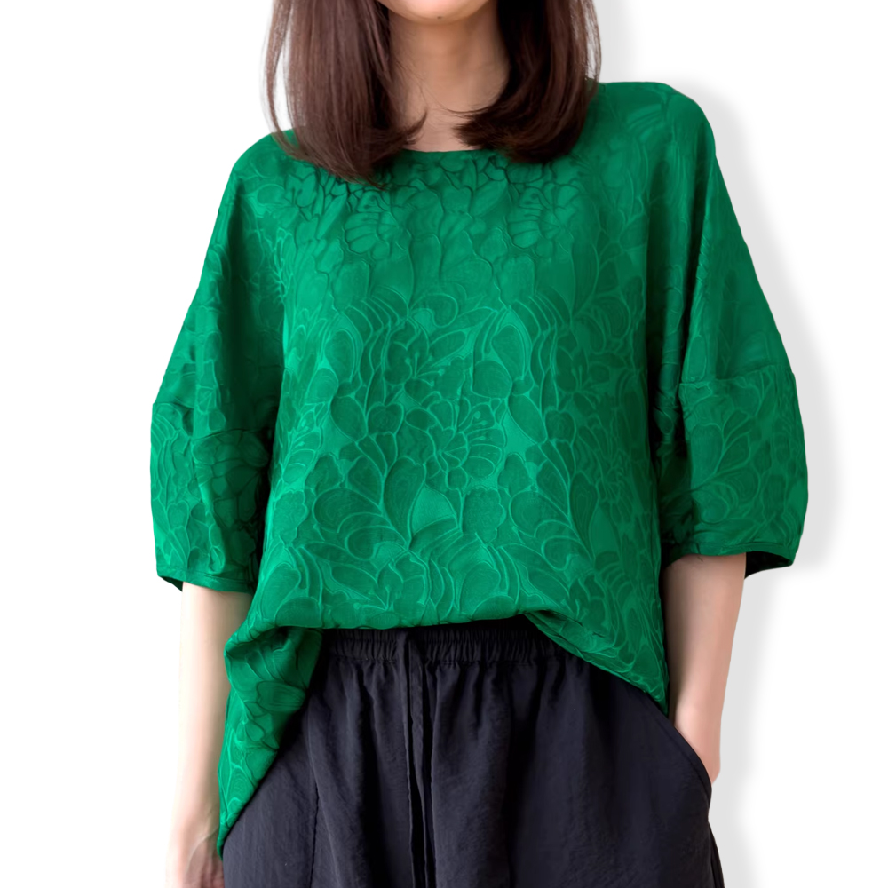 T-shirt décontracté d'été pour femme en 35% soie de mûrier naturelle, texture feuille, crêpe GuanLe entrelacé, col rond, manches lanternes
