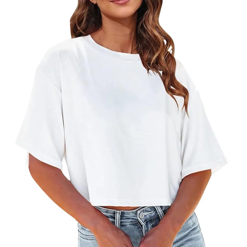 T-shirt à manches courtes pour femmes col rond recadrée couleur unie t-shirts hauts courts amples femmes tendance Petite t-shirt