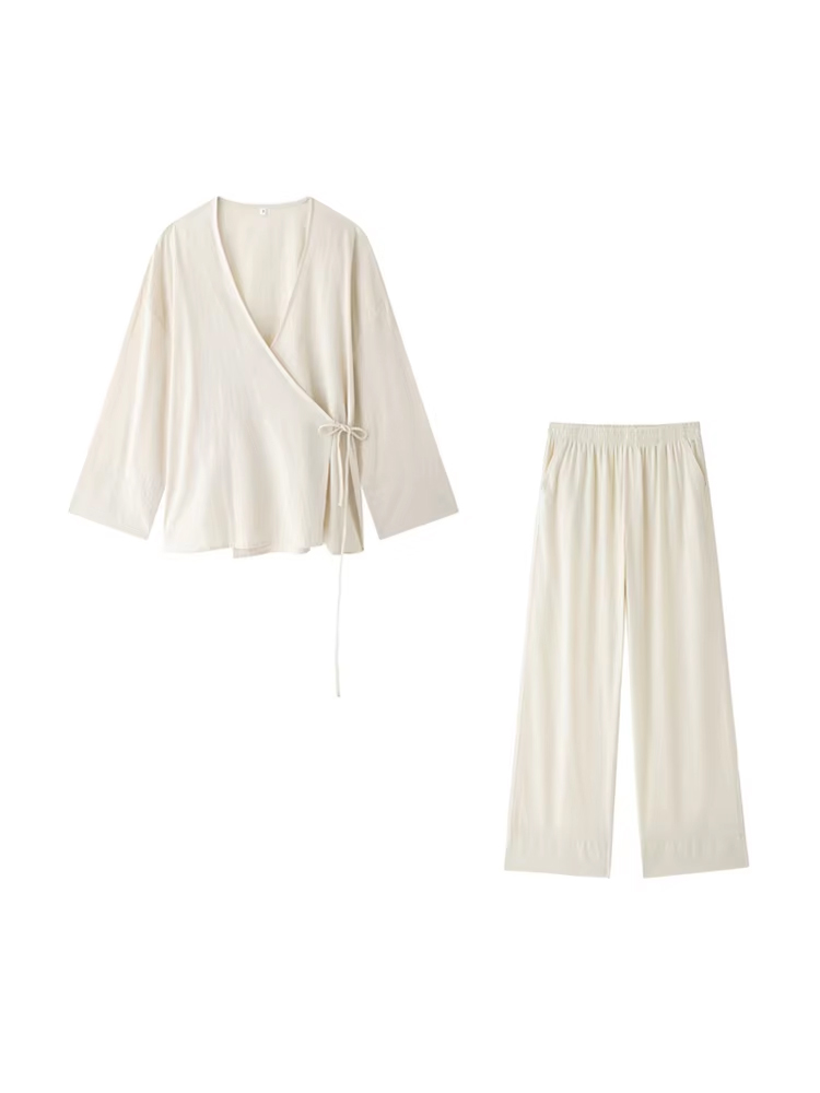 Femmes mode avec chemisiers Kimono amples attachés et taille haute élastique poches latérales pantalon femme deux pièces ensembles Mujer