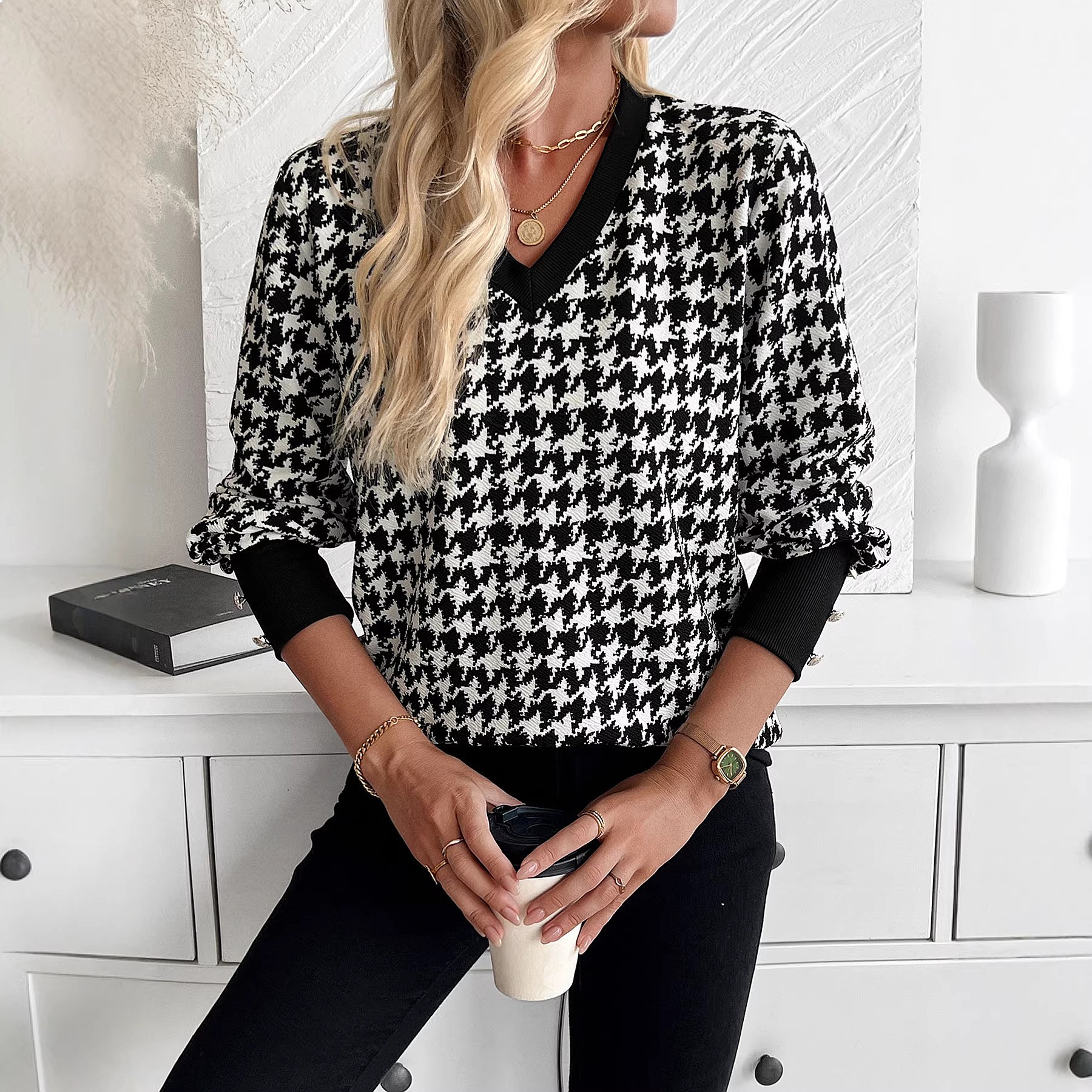 Tops imprimés élégants pour femmes, col en V, manches longues, chemisier, tops printemps-été, t-shirts