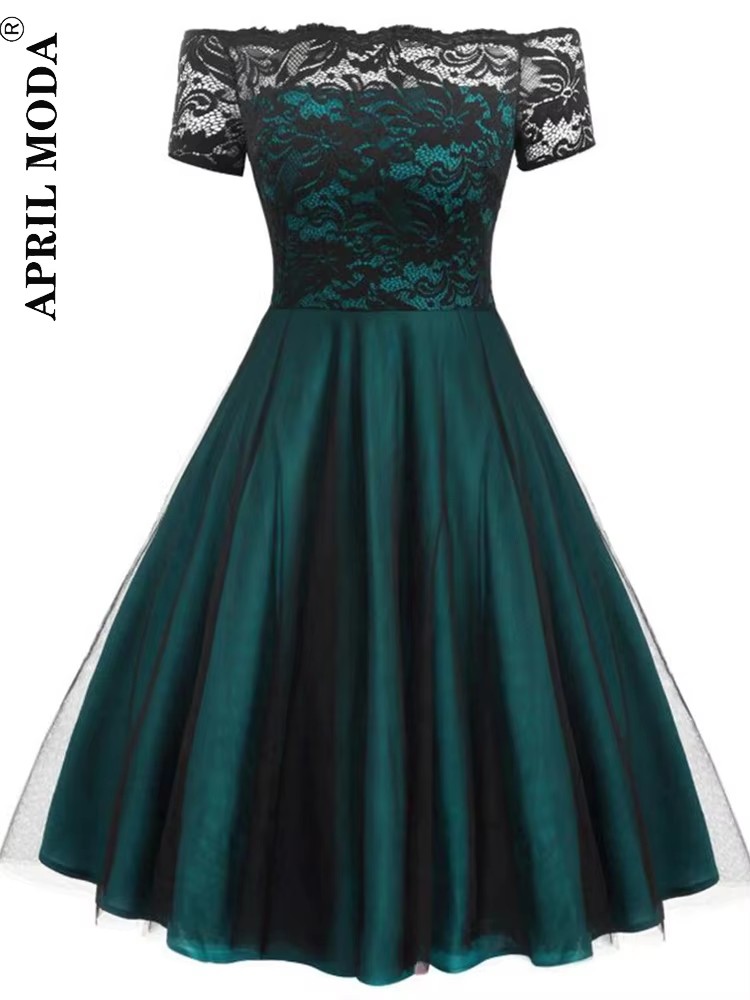 Femmes Vintage robe en dentelle formelle rouge noir vert Slash cou Tulle Midi Jurken Chic rétro gothique années 50 robes trapèze vêtements de fête