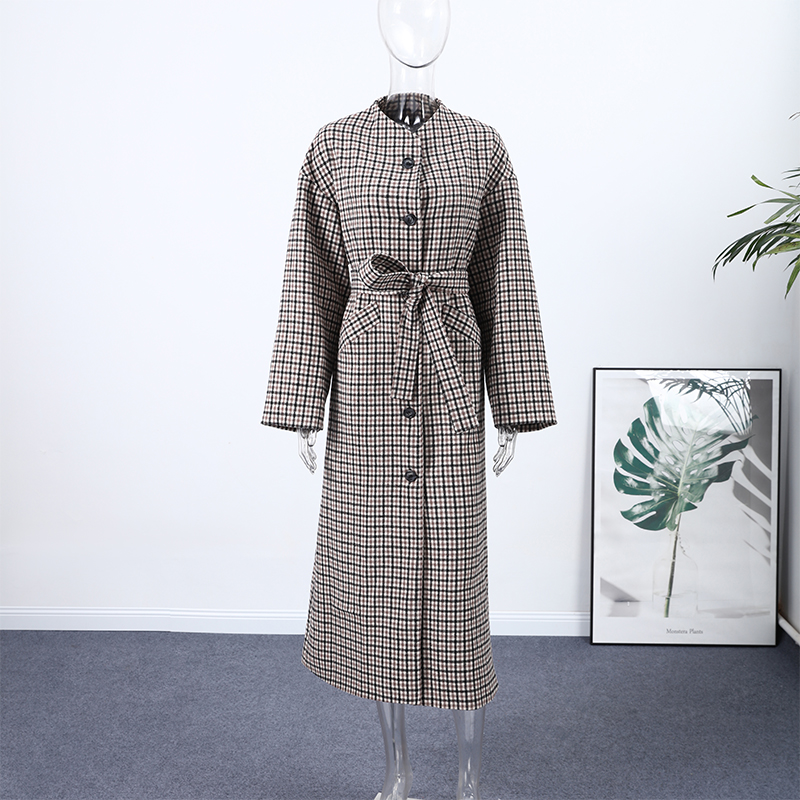 Manteaux longs en Patchwork à carreaux pour femmes, col montant, ceinture à nouer, vestes à simple boutonnage, vêtements d'extérieur pour dames, nouvelle collection automne hiver 2025