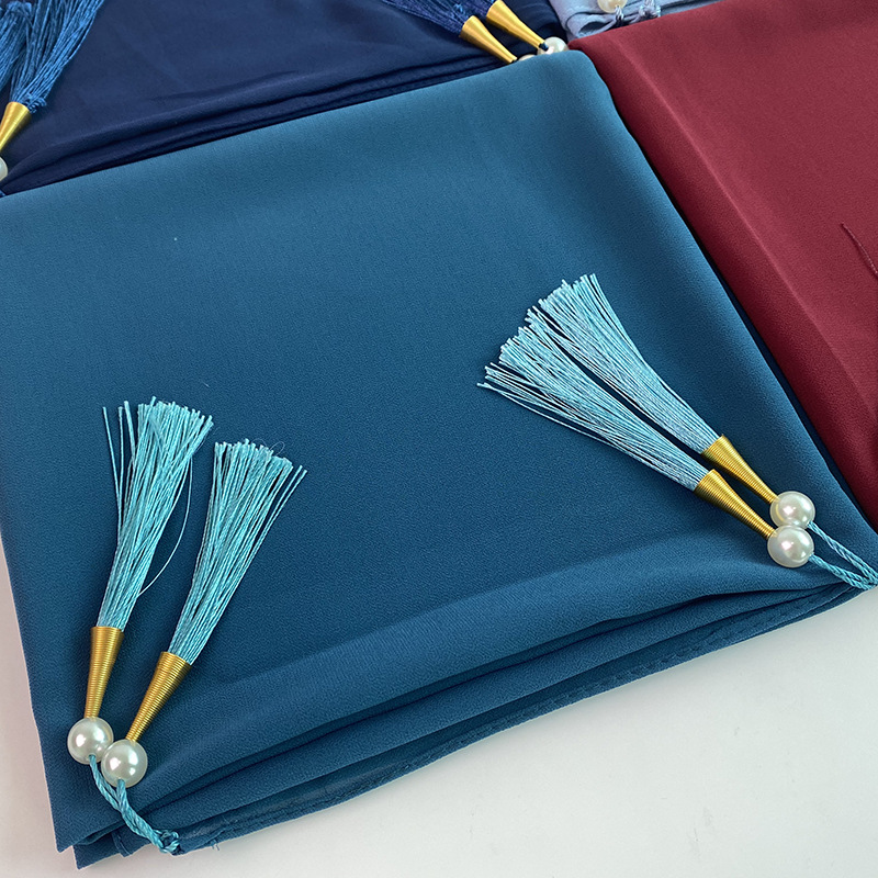 Hijab en mousseline de soie à bulles pour femmes, décoration de gland, document solide, longs châles féminins, foulard, bande de sauna, turbans islamiques pour femmes