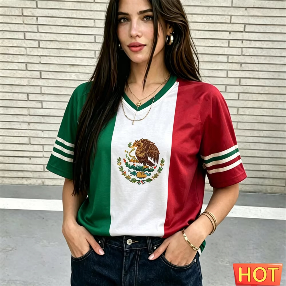 Maillot de football style Mexique pour femme, col en V, respirant, en polyester, pour l'été