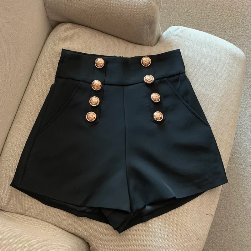 Shorts noirs imbibés pour femmes, pantalons à double boutonnage, jambe large, vêtements d'extérieur décontractés sauvages, chauds, châssis, nouveau