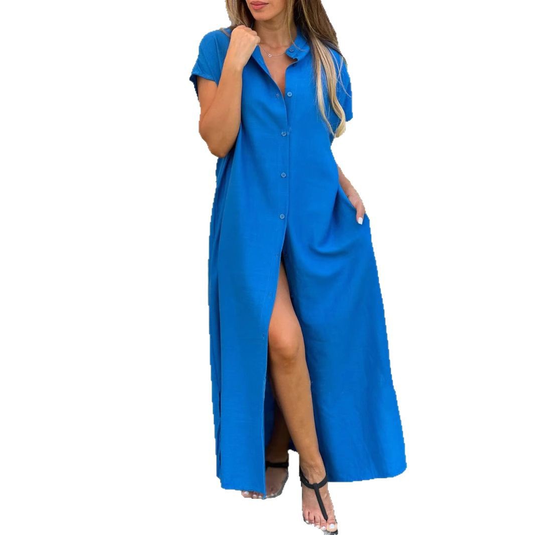 Robe chemise maxi décontractée pour femmes, mode été 2025, manches courtes, ample, couleur unie, col montant, longue robe de plage élégante