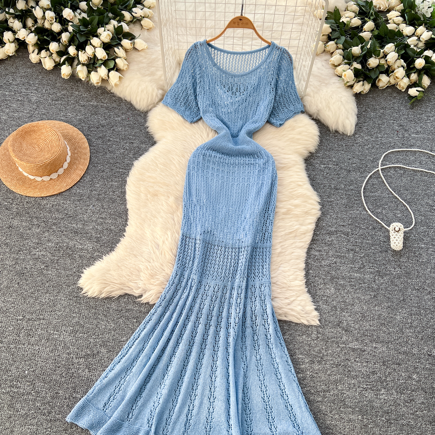 Robe tricotée creuse pour femmes, tenue d'été à manches courtes, queue de poisson, moulante, avec Camisole, Vintage, longue Robe de soirée