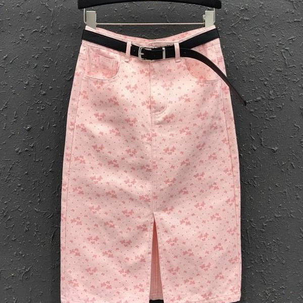 Jupe en jean rose imprimée coréenne pour femme, nouvelle collection été 2026, taille haute, mi-longue et longue, coupe ajustée aux hanches
