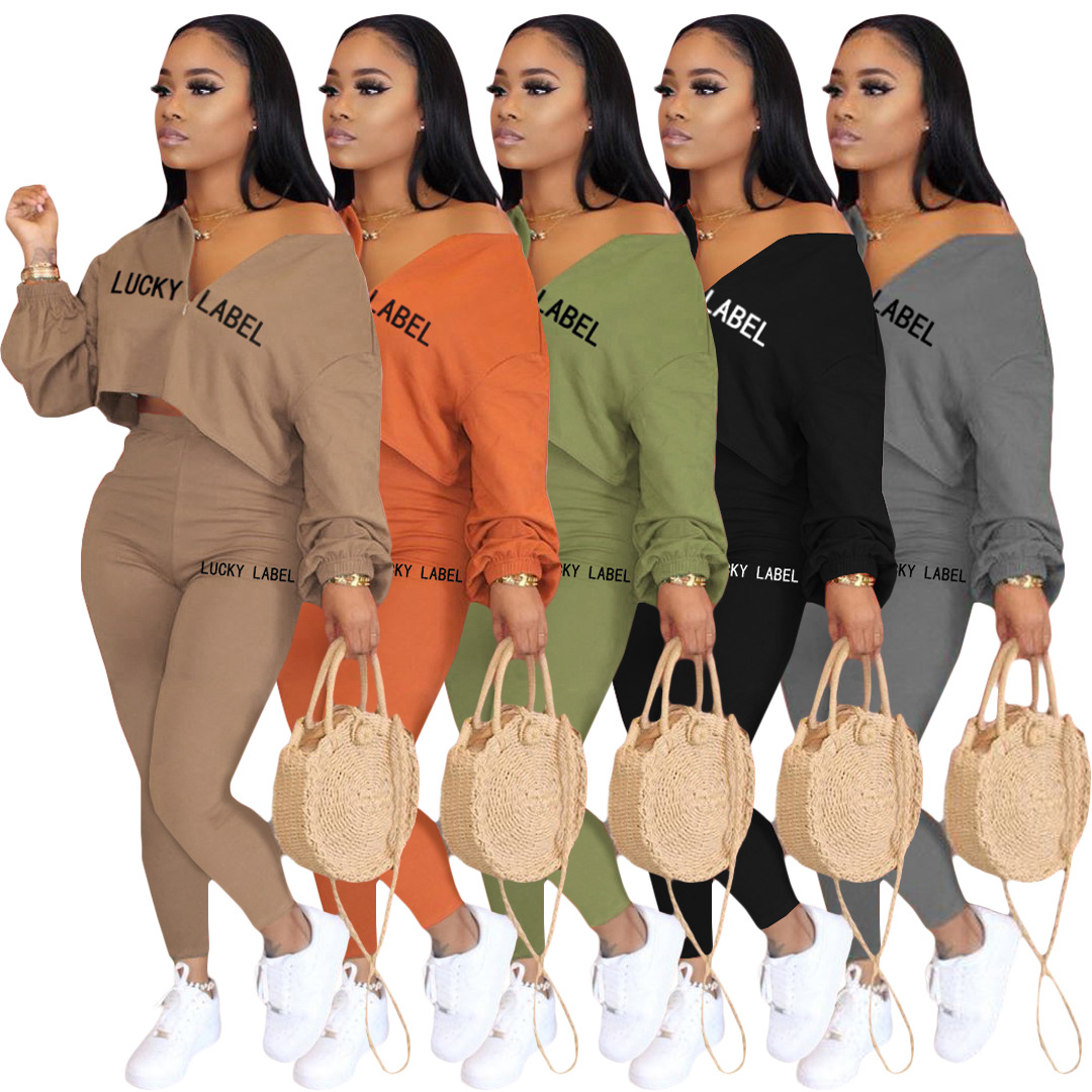 Vêtements de détente décontractés à taille élastique pour femmes, vêtements d'automne, impression de lettres, mode féminine, manches longues, ensemble de 2 pièces, nouveauté, 2021
