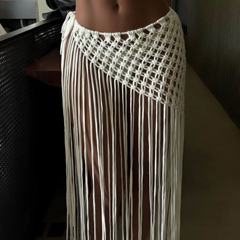 Jupe cache-maillot en corde de coton tressée à la main avec franges, style bohème, pour festival, streetwear, accessoire pour costumes et jeans