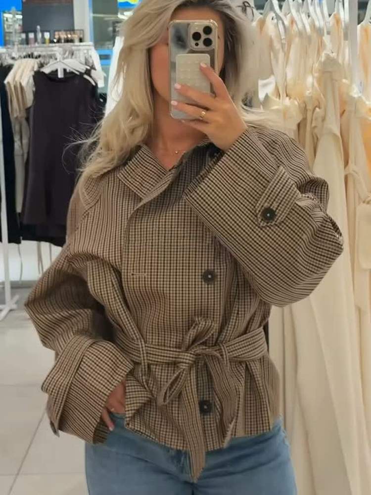 Manteau trench court à carreaux à manches longues pour femme, veste courte à carreaux ample avec revers, double boutonnage et ceinture à la taille, manteaux d'automne pour femme