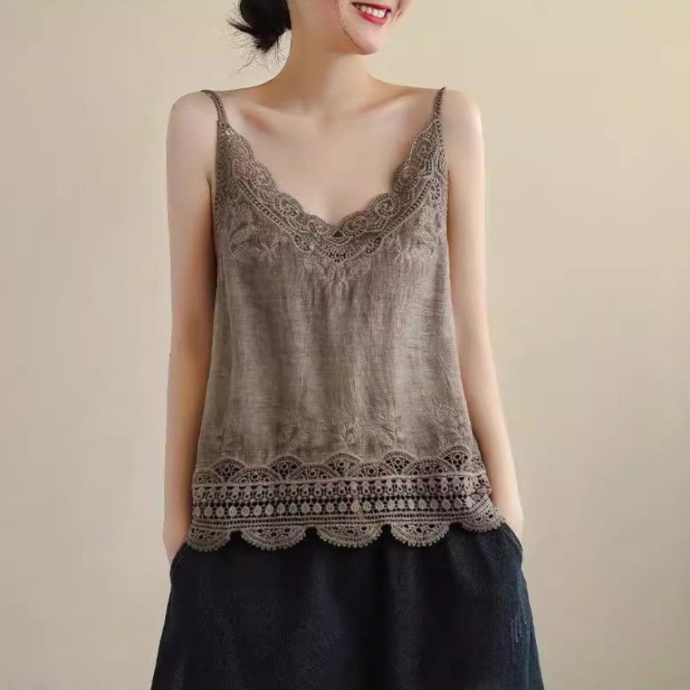 Camisole Rétro Bohème Brodé en Coton et Lin à Col en V, Sans Manches, Motif Floral