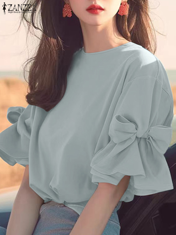 ZANZEA femmes coréen volants en mousseline de soie Blouse automne élégant lanterne à manches courtes hauts printemps chemise Vintage nœud papillon Patchwork tunique
