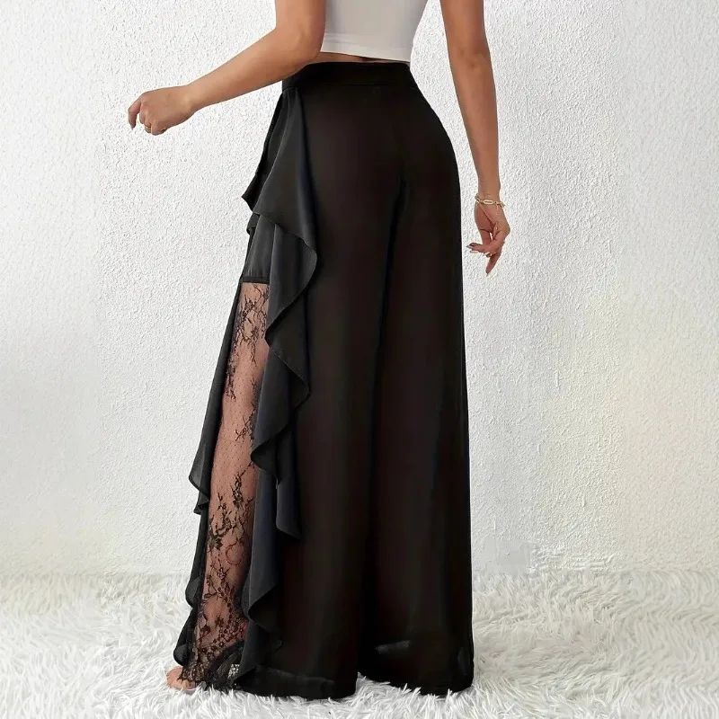 Pantalon à jambes larges pour femme, automne, volants épissés, dentelle, maille transparente, noir irrégulier, élégant, bureau, banlieue, à plusieurs niveaux