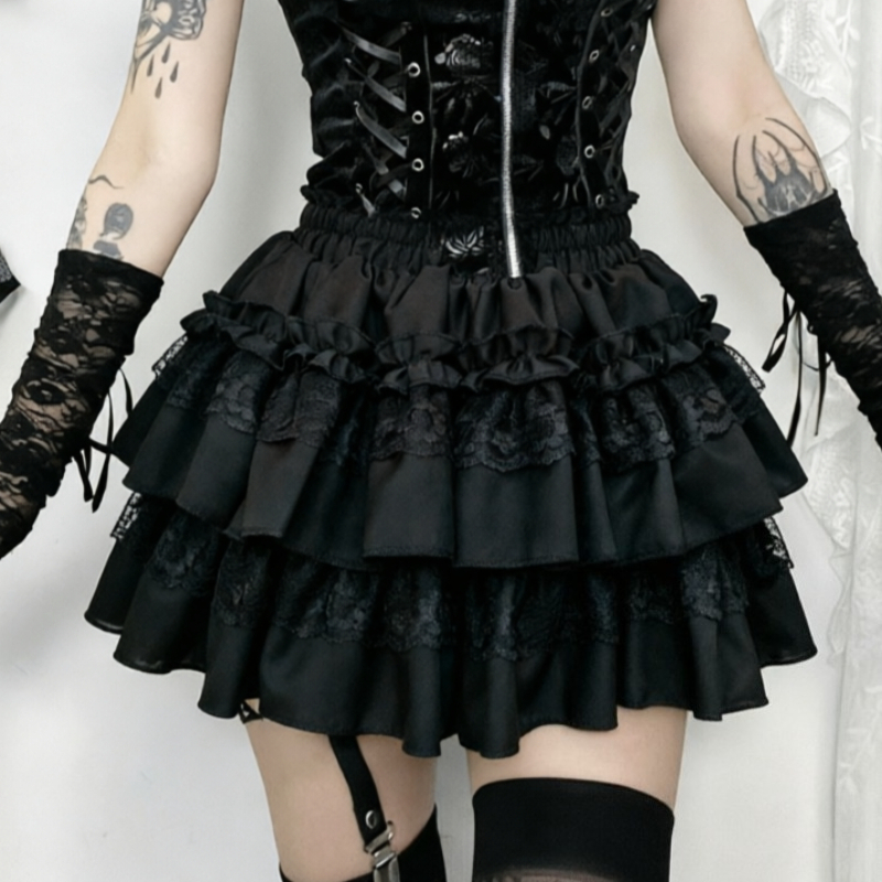 Mini-jupe noire pour femme, jupe-short à volants superposés avec bordure en dentelle, avec short intégré, style Shoujo Girl Coquette Balletcore, été