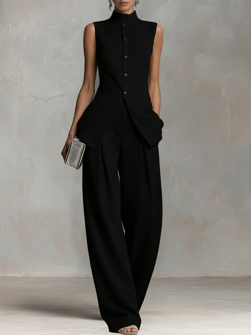 Ensemble élégant formel pour femme, noir, 2 pièces, sans manches, col haut, fermeture boutonnée sur le devant, veste, pantalon large à taille haute