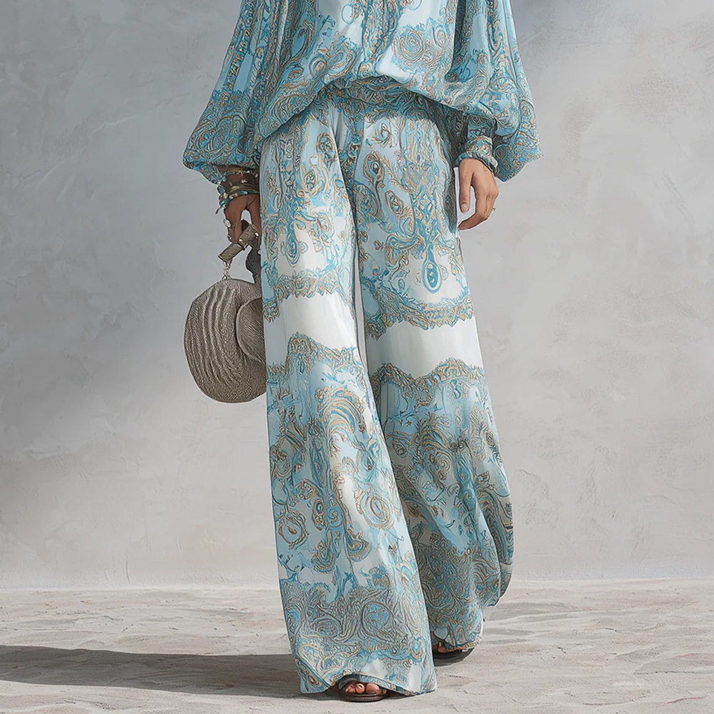Ensemble deux pièces bohème pour femme, imprimé cachemire, sexy, col en V profond, chemisier à manches longues, pantalon large, tenue décontractée pour les vacances