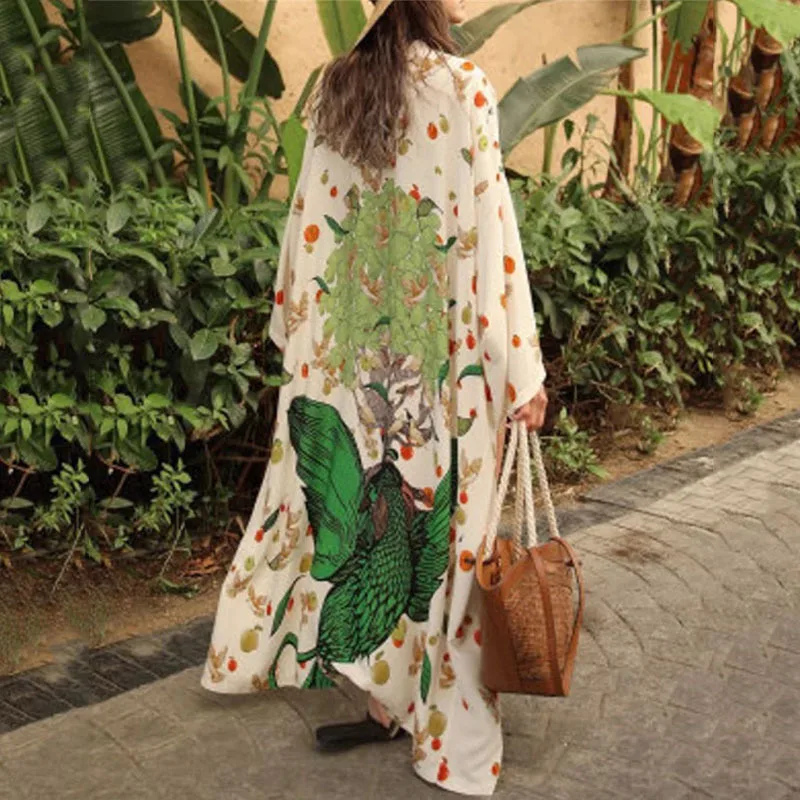 Cache-maillot à manches longues imprimé floral ethnique pour femmes, robes de bikini surdimensionnées, vêtements de plage Boho, Kimono, Kaftan, été