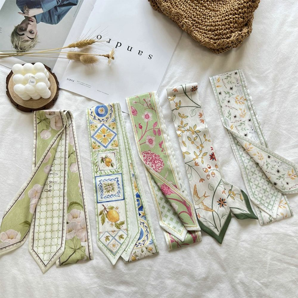 Écharpe polyvalente en ruban de soie et Satin pour femmes, motif Floral frais, cravate pour cheveux longs et fins, sangle de sac étroite, accessoire de mode tendance, été