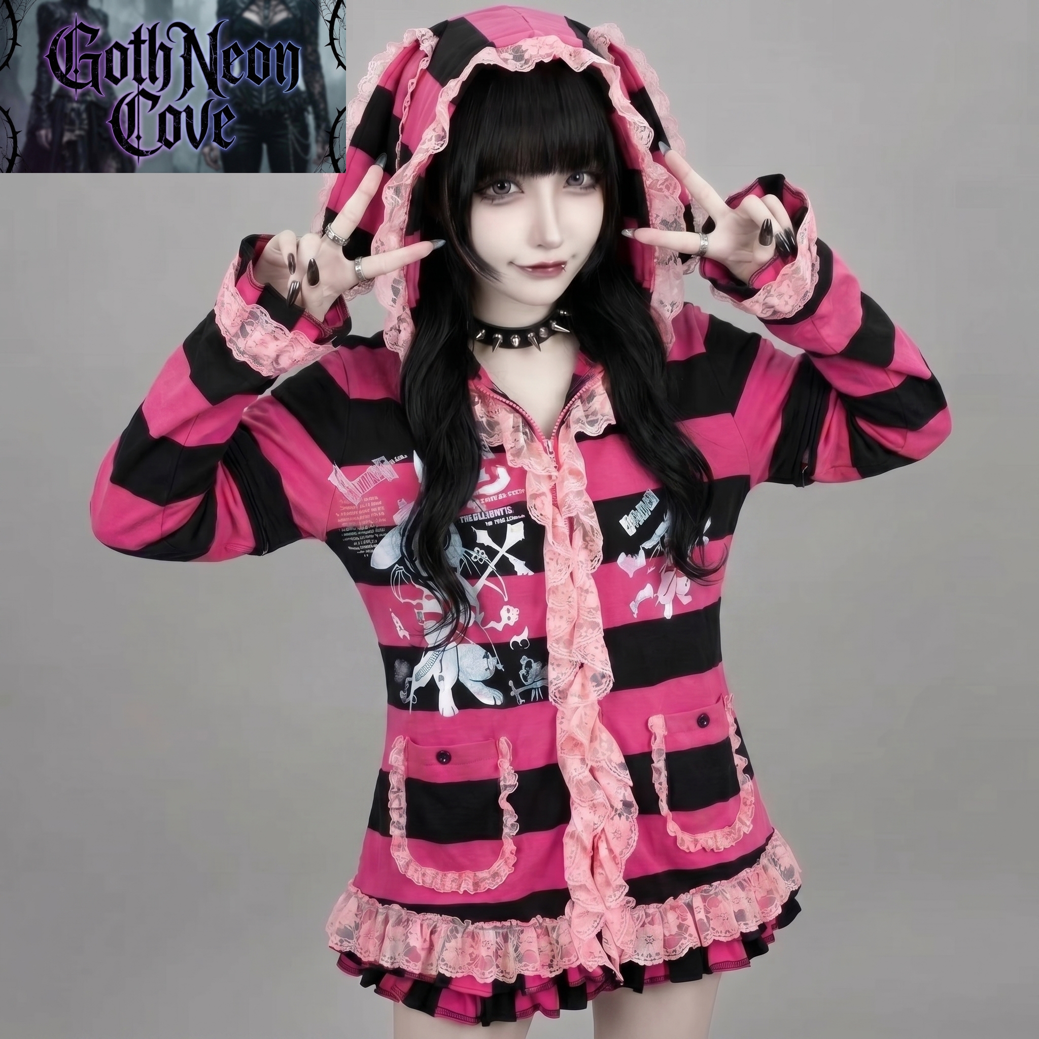 Manteau fin japonais décontracté style punk Jirai Kei pour femme, avec oreilles de lapin, rayé, vintage, style anime, Yami Kawaii, gothique, à capuche, Y2K Girl