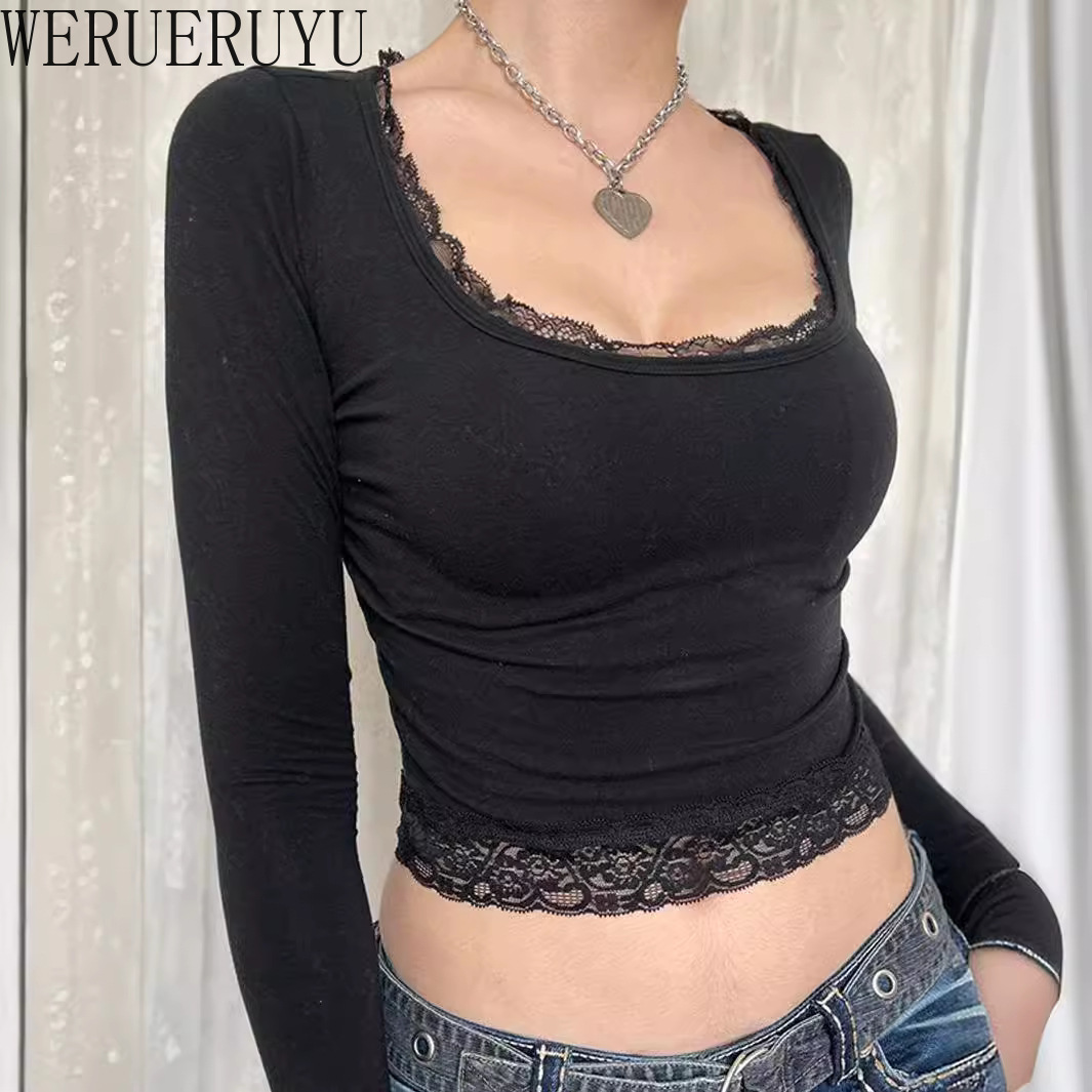 T-shirt manches longues en dentelle pour femme, haut court, Sexy, vêtements de printemps et d'automne, Streetwear Y2K, noir, blanc, rose, T-shirts courts pour femmes