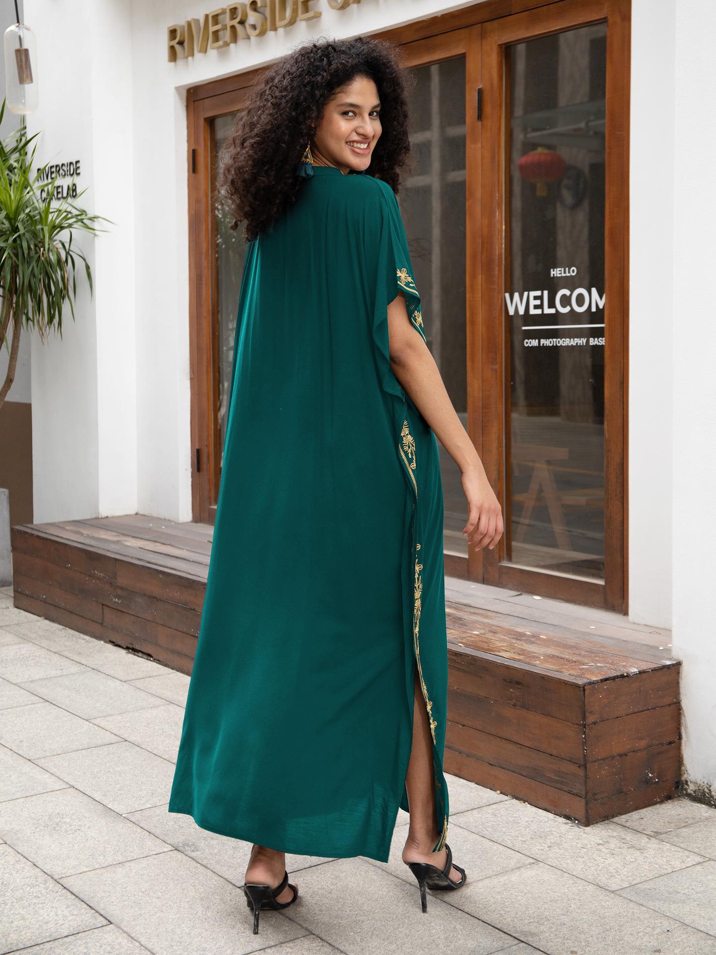 Robes caftan pour femmes brodées à manches courtes col en v grande taille Caftan Bikini maillot de bain robe de plage longue
