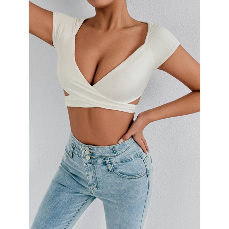 T-Shirt d'été Sexy pour femmes, col en V, taille haute, Push-Up, haut court, mélange extensible, tenue de Club quotidienne, plage, élégant, coupe courbe