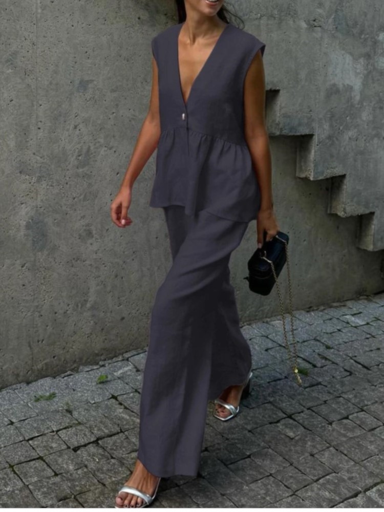 Ensemble deux pièces pour femmes, col en v, haut sans manches, gilet, pantalon à jambes larges, Simple, couleur unie, tempérament élégant, ensemble de transport, été