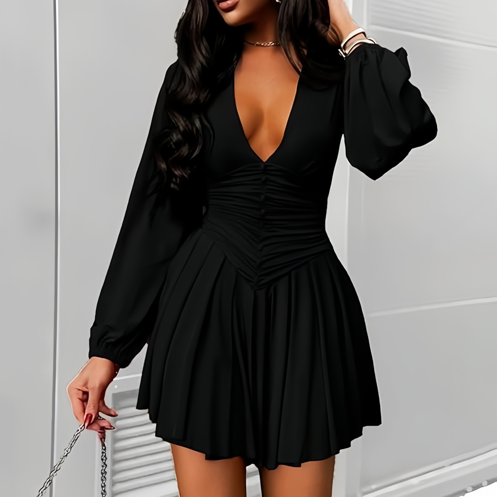 Robes d'été pour femmes, sexy, à manches longues, col en V profond, taille froncée, détail boutonné, mini-robe décontractée couleur sable, dropshipping
