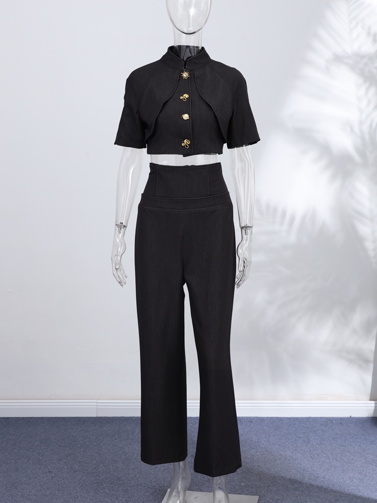 Ensemble décontracté en jean pour femme : haut cintré à col montant et manches courtes, pantalon large – Nouvelle tenue printemps 2026 pour femme